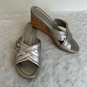 Cole Haan Gold Strappy Leather Cork Wedge Slide Sandals Shoes 6.5 B Excellent